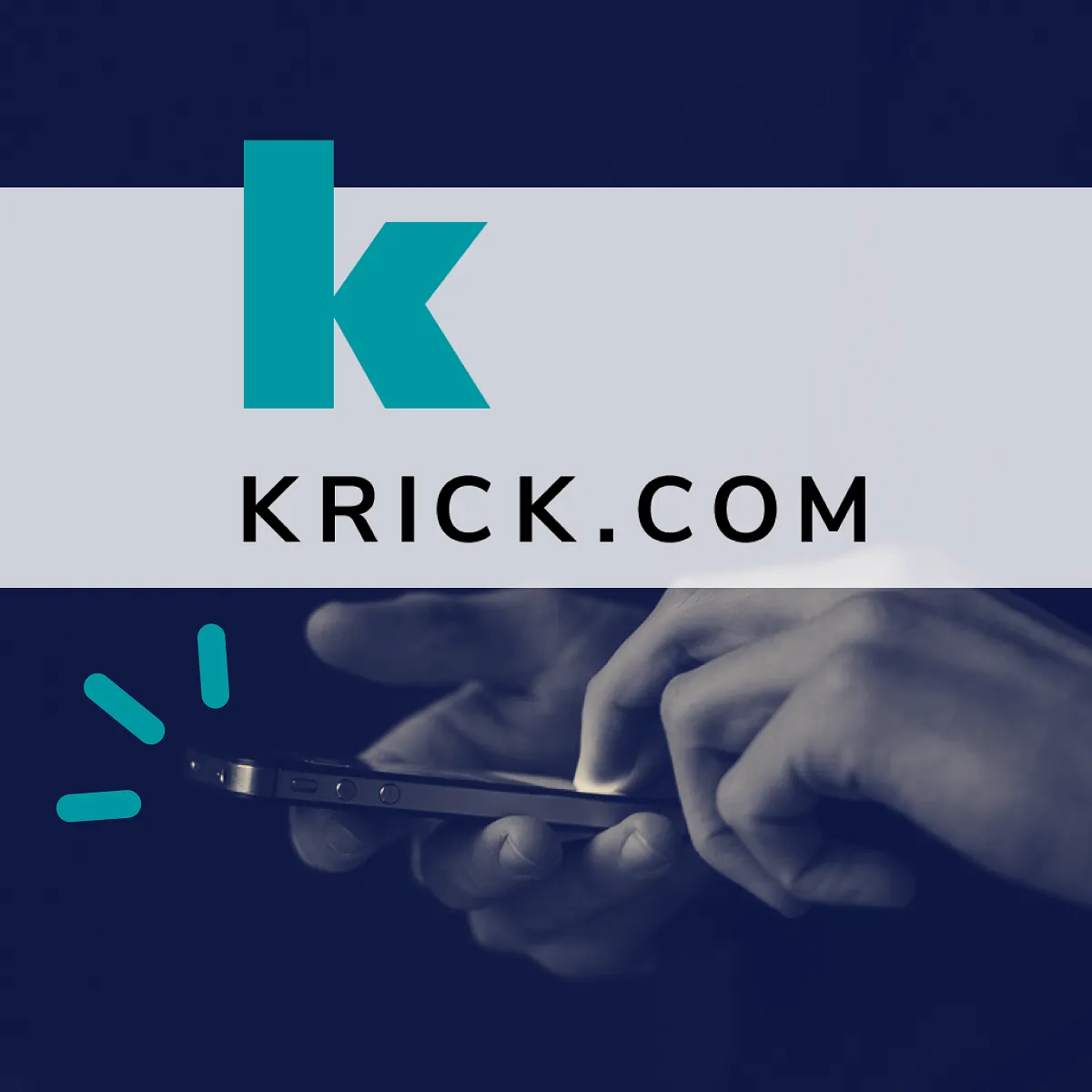 Krick's logo overlaid a photo of a hand operating a smartphone