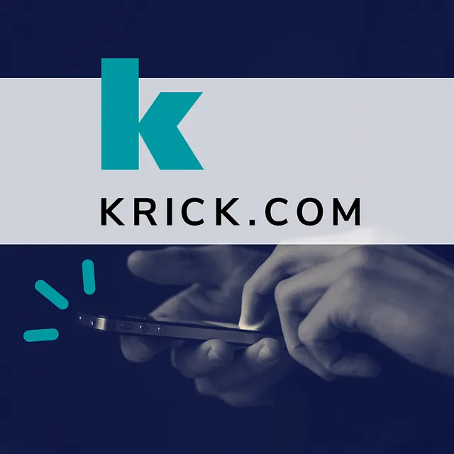 Krick's logo overlaid a photo of a hand operating a smartphone
