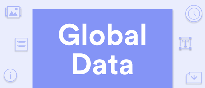 Image: The text Global Data in a blue box. An image icon, list icon, information icon, business hour icon, text icon, and file download icon are seen to the sides. 