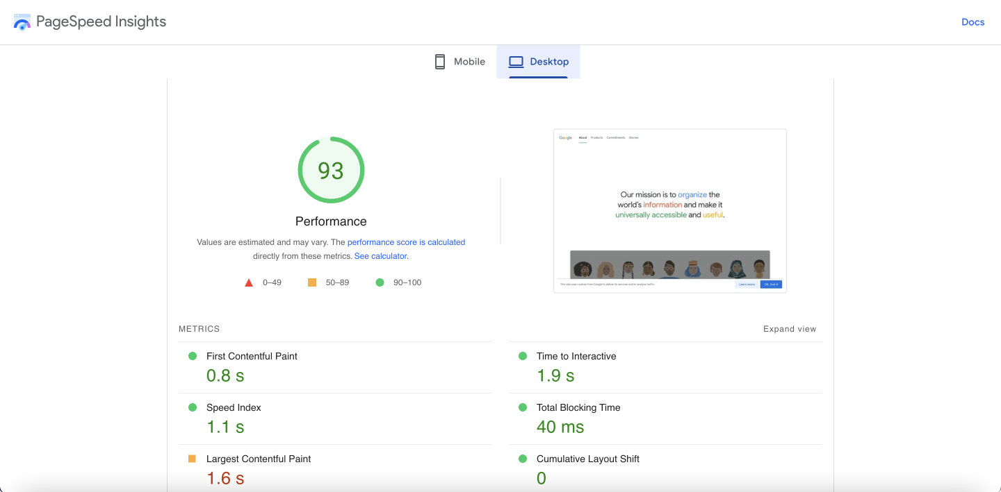 PageSpeed Insights - Performance score generated by Lighthouse