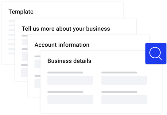 An image showing the steps included in the Mono Quick Creator website flow: Adding business details, account information, more info about the business, and selecting a template.