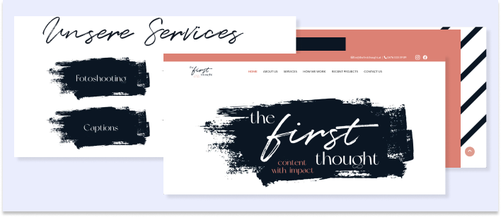 An image showing how the brushstroke logo and brand colors of a company have inspired other graphic elements on the site, including backgrounds. 