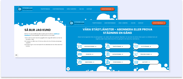 Image showing how the website of cleaning company Stadbolag Stockholm ties in the logo and service offerings into their soap-bubble inspired row divider.