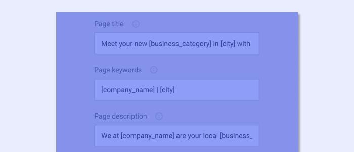 An image of the Page title, page keywords, and page description SEO fields in Mono Editor. In each field, there is standard, generic text accompanied with short codes to customize this text with relevant business information.