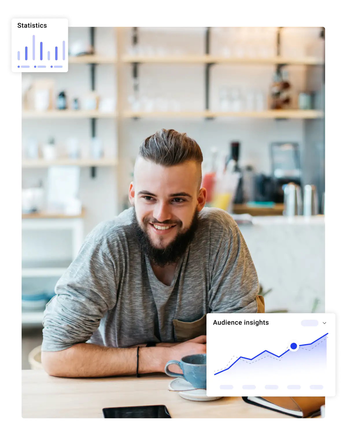 Image: Man smiling, seemingly in an office. Additional illustrations are overlayed - with charts and audience data.