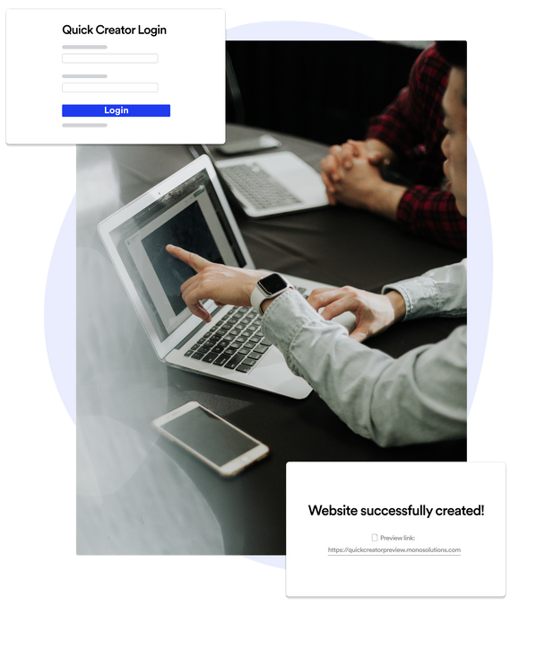 Image showing two people sitting at a table, looking at a computer. There are two popups overlaid on the image: The first showing an illustrated graphic of the quick creator login, and the other showing the preview link that can be shared with prospects.