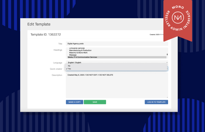 Adding a template to the Mono Quick Creator in Mono Reseller Admin Interface (RAI)