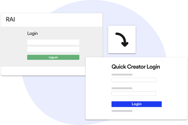 Image showing an illustrated login page to Mono's Reseller Admin Interface with an arrow to an illustrated depiction of Mono's Quick creator login.