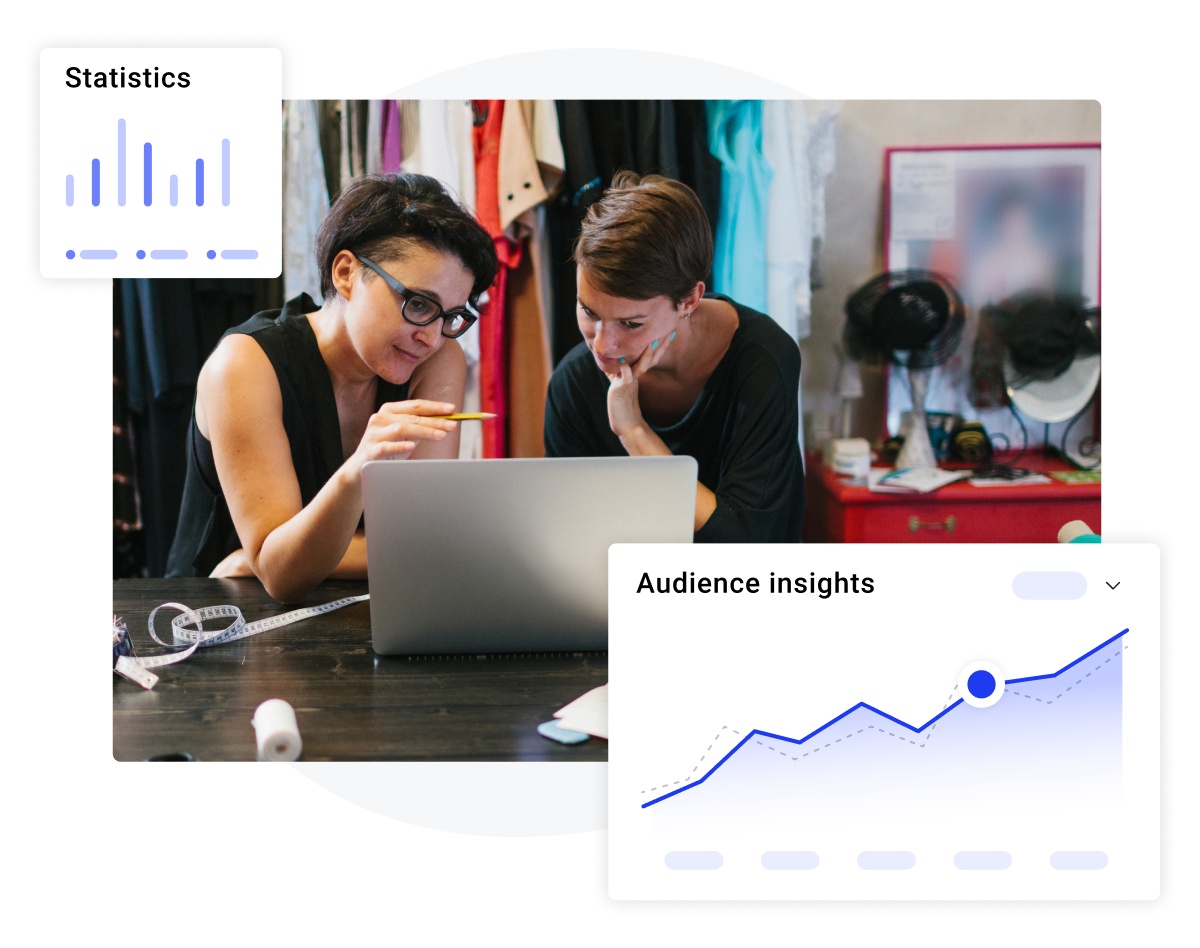 An image showing two women working and looking at a computer. Illustration overlays depicting graphs and stats are shown.