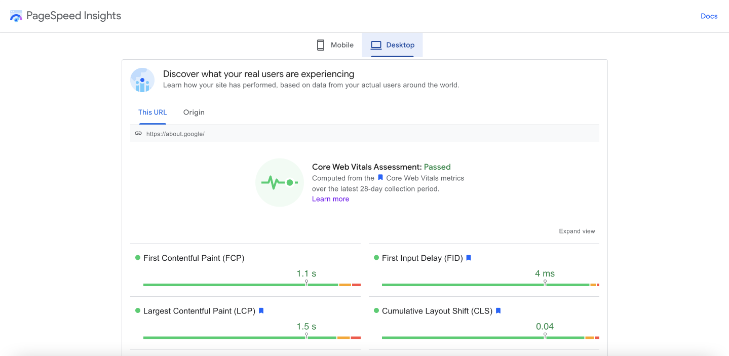 PageSpped Insights - Core web vitals assessment