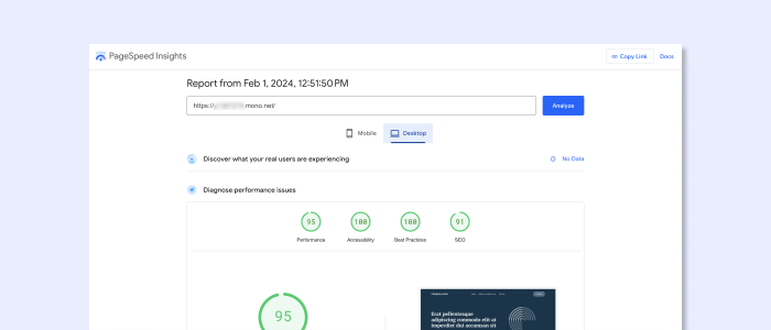 Mono Solutions - Image the Pagespeed Insights scores for a Mono Template (Performance, Accessbility, Best Practices and SEO are between 90 and 100). 